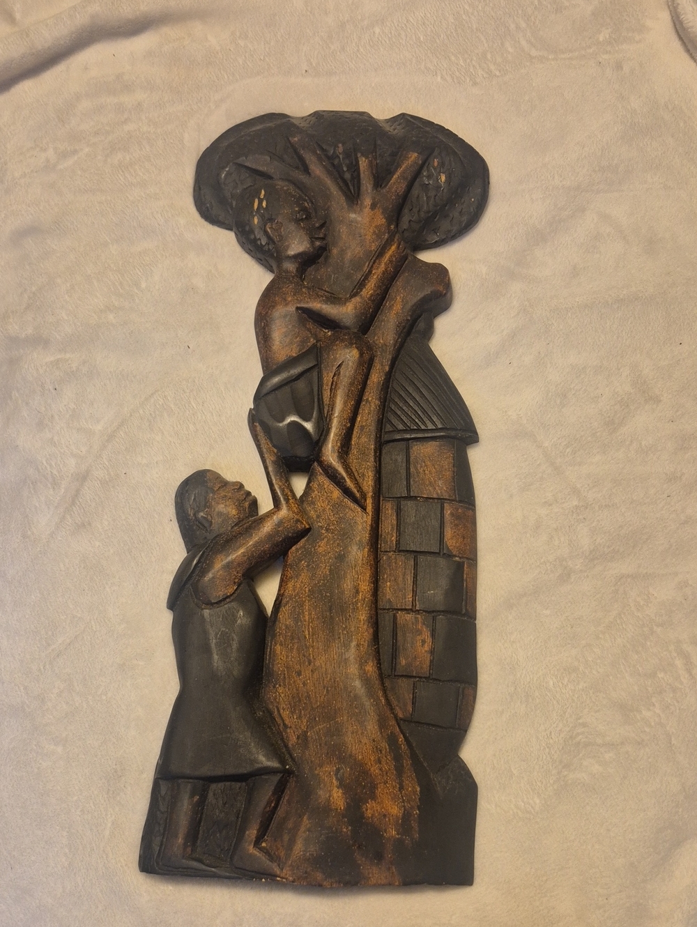 Hand-Carved Wooden Tree Relief Wall Art in Brown and Black